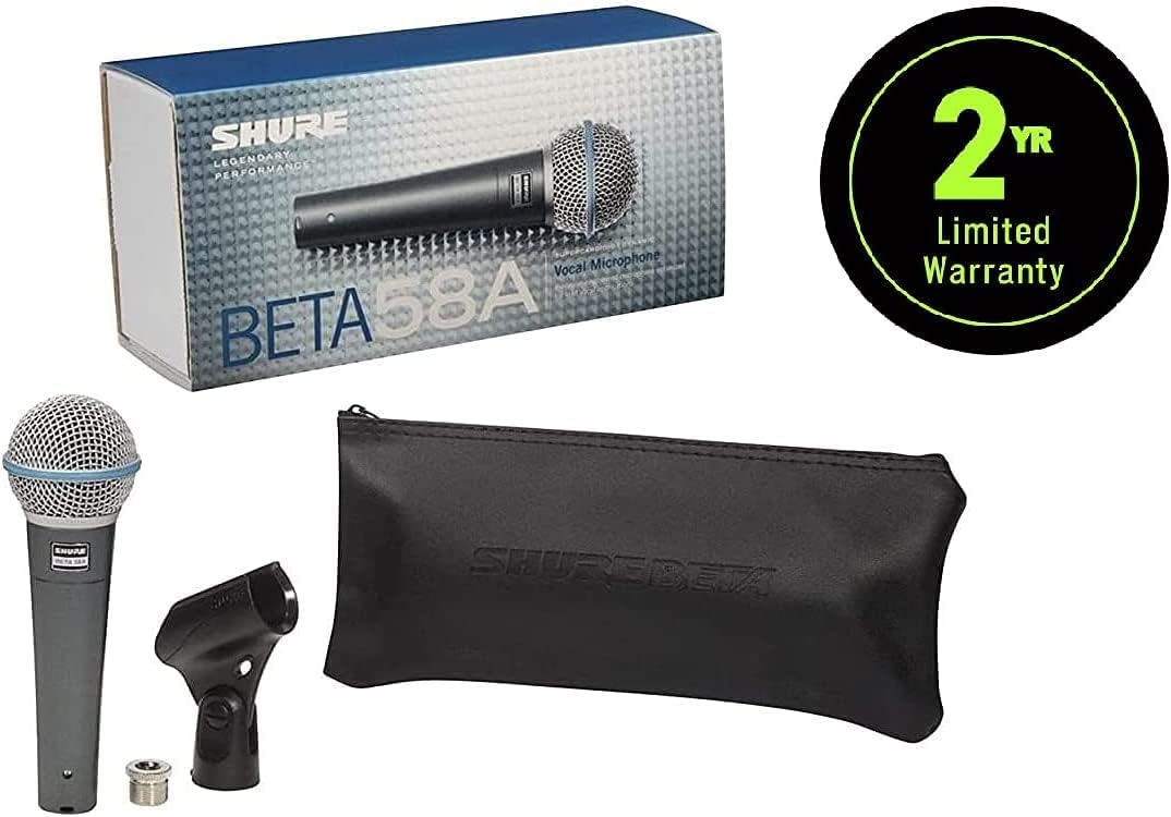Shure BETA 58A Vocal Microphone - Single Element Supercardioid Dynamic Mic for Stage and Studio with Stand Adapter, Thread Adapter & Storage Bag