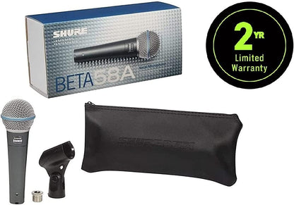 Shure BETA 58A Vocal Microphone - Single Element Supercardioid Dynamic Mic for Stage and Studio with Stand Adapter, Thread Adapter & Storage Bag