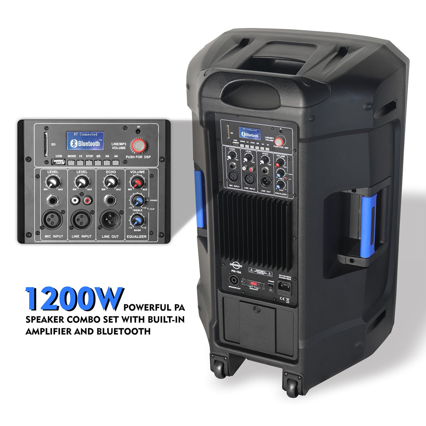 15inch Powered PA Speaker System Combo Party Set 1200W PM-15 Bluetooth Speakers | LOTAWAY