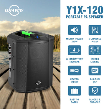 LOTAWAY Y1X-120 240W Battery Powered Portable PA System - 6.5" Bluetooth Active Speaker for Outdoor Events, Parties, Gigs with Shoulder Strap Bag