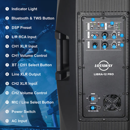 Professional PA System Libra-12 Dual 12" Quasi 3 ways Active Full Range Speaker with Bluetooth | LOTAWAY