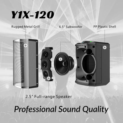 LOTAWAY Y1X-120 240W Battery Powered Portable PA System - 6.5" Bluetooth Active Speaker for Outdoor Events, Parties, Gigs with Shoulder Strap Bag