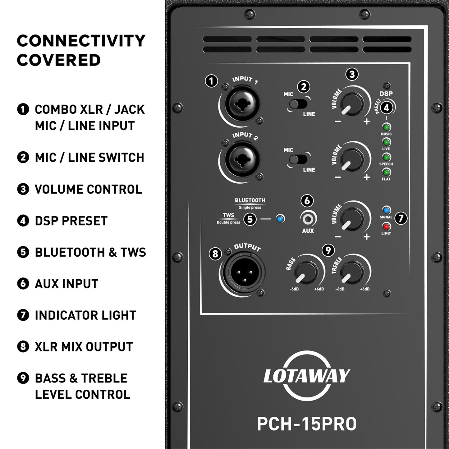 15inch 3-Ways Professional Powered Speaker PCH-15 2000W Sound System with Bluetooth | LOTAWAY